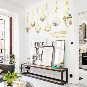 Nordic wall decals with golden flower baskets and colorful birds for modern home decor