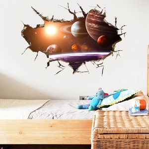 Sticker mural 3D effet mur cassé avec planètes et nébuleuse pour déco de chambre