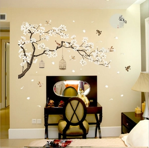 Stickers muraux chinois classiques avec fleurs de prunier, oiseaux et cage pour chambre