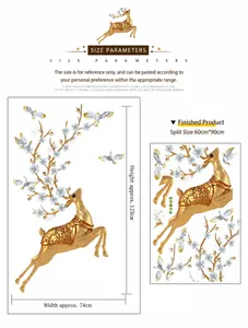 Golden reindeer wall decal with blue flowers for living room decor 74x123cm size
