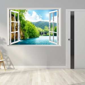 3D window view wall sticker with mountain and lake landscape for home wall decor