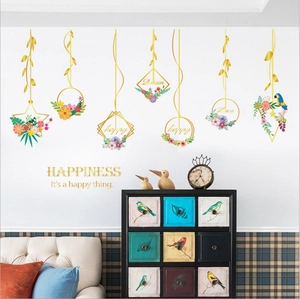 Modern Nordic metal flower basket wall stickers with birds for living room decor