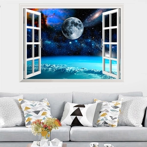 3D window view wall sticker featuring a cosmic moon and nebula galaxy for room decor