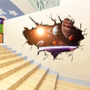 Sticker mural 3D effet mur brisé avec planètes de l'espace et nébuleuse pour décoration