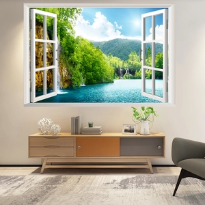 Detail of 3D window wall mural with waterfall and forest view in modern living room