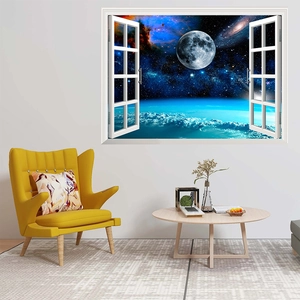 3D outer space window wall decal showing moon and galaxy in a minimalist living room