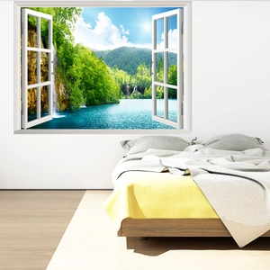 3D window view wall decal featuring a scenic mountain waterfall for living room decor
