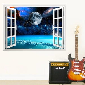 3D fake window wall sticker featuring outer space moon and starry nebula scenery
