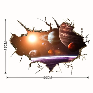 Vue détaillée du sticker mural 3D espace avec dimensions de 90cm par 57cm affichées
