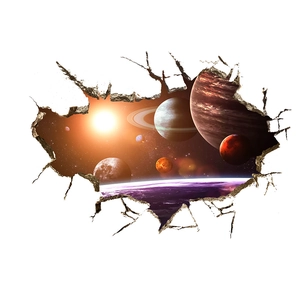 Sticker mural 3D espace avec planètes du système solaire et effet de mur brisé