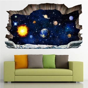 Detailed view of 3D cracked wall space planet stickers in a cozy living room setting