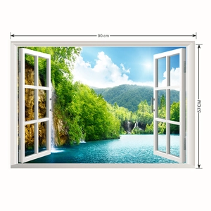 Detail view of 3D window wall mural with waterfall landscape measuring 90x57cm