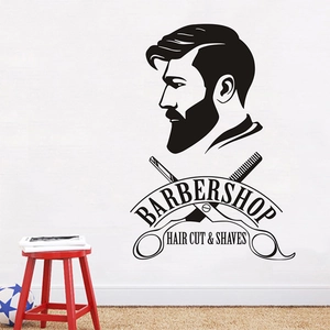 Sticker mural vintage de barbier avec silhouette d'homme barbu et ciseaux de coiffure