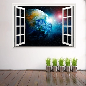 Sticker mural 3D fenêtre espace avec vue Terre et galaxie pour décor de salon