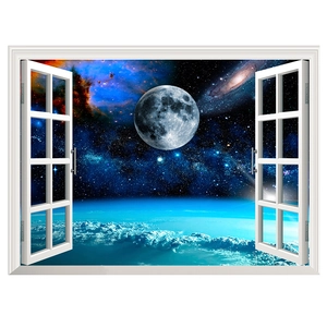 3D wall sticker featuring a cosmic moon and galaxy view through a white window frame
