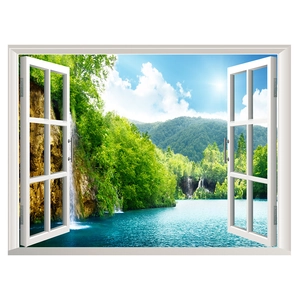 3D faux window wall sticker showing mountain landscape with waterfall and forest view