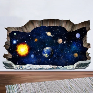 Detailed 3D broken wall mural showing solar system planets and deep space galaxy stars