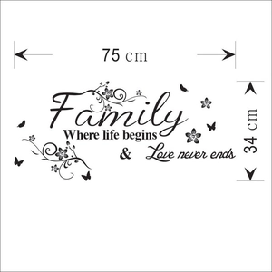 Family Where Life Begins & Love Never Ends wall sticker with floral patterns and butterflies