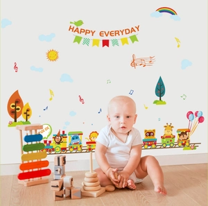 Adesivi Murali Treno Animali Cartoni Animati Per Cameretta Bambini PVC Impermeabile Removibile Happy Everyday Arcobaleno Sole