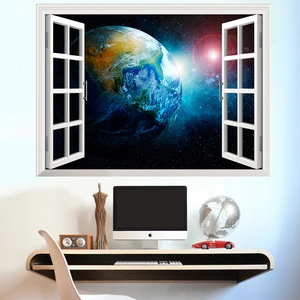 Sticker mural 3D fenêtre sur l'espace et la Terre dans un décor de bureau moderne