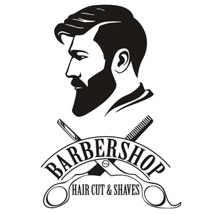 Sticker mural pour salon de coiffure avec silhouette homme vintage, ciseaux et peigne