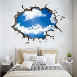 Sticker mural 3D ciel bleu et nuages blancs effet trou dans le mur pour décoration