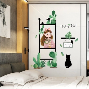 Cartoon girl and cactus wall stickers for bedroom decoration on a white wardrobe