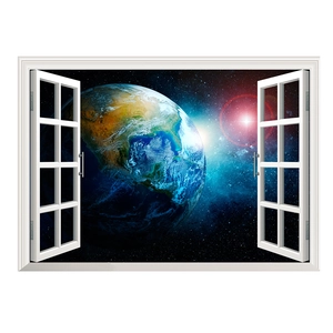 Sticker mural 3D espace avec vue sur la Terre et galaxie par une fenêtre ouverte