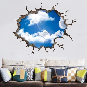 Sticker mural 3D effet mur brisé avec ciel bleu et nuages pour décor de salon