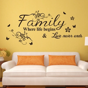 Family wall sticker with flowers and butterflies for modern home decor on yellow wall