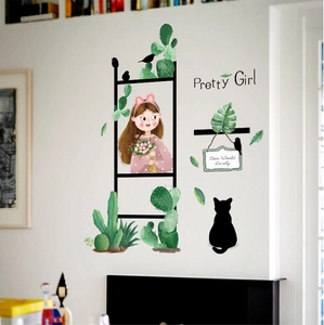 Cute cartoon flower girl and cactus wall sticker for home living room decor