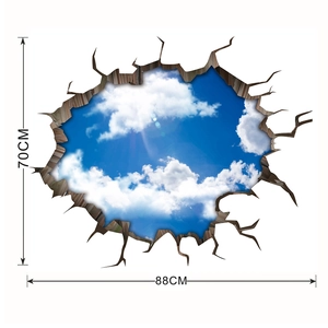 Détail du sticker mural 3D ciel bleu et nuages, dimensions de 88 cm par 70 cm