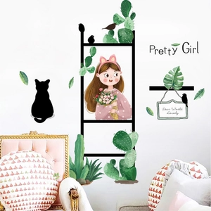 Cartoon girl and cactus wall sticker set for living room decor with floral design