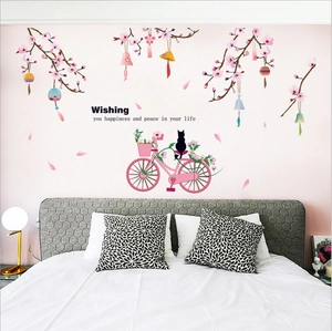 Wandtattoo mit Kirschblüten, Katze und Fahrrad für romantische Schlafzimmer Dekoration
