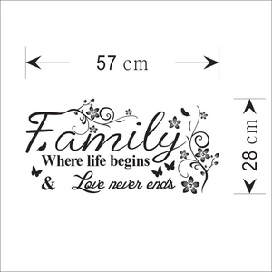 Family wall decal with flower and butterfly accents measuring 57x28 cm for home decor