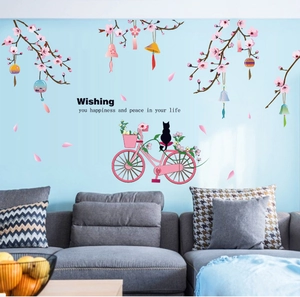 Romantisches Wandtattoo mit rosa Kirschblüten, Fahrrad und Katzen-Silhouette für Zimmer