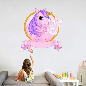 Pink cartoon unicorn wall decal with purple mane and gold horn for kids bedroom