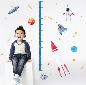 Space rocket height growth chart for kids room with astronauts and planets stickers