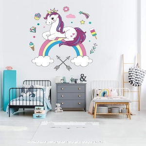 Cute cartoon unicorn and rainbow wall decals for children's bedroom and nursery decor