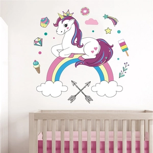 Cartoon rainbow unicorn wall decals for kids bedroom with stars and desserts decoration