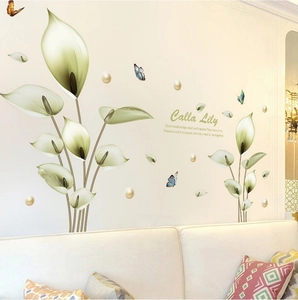 Calla lily wall sticker with butterflies and pearls for living room decor