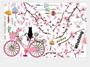 Details der Kirschblüten-Wandsticker mit Fahrrad, schwarzer Katze und Windspielen