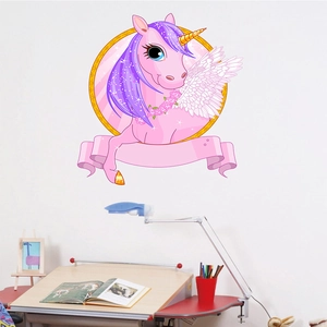 Nordic pink cartoon unicorn wall sticker with gold frame for kids room wall decor