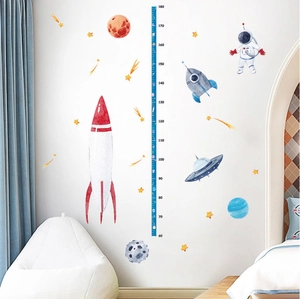 Space rocket and planet growth chart wall stickers for kids room decor 60-180cm