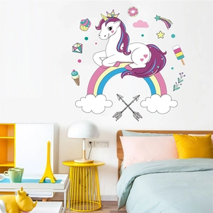 Cute cartoon unicorn on rainbow wall decals for children room and bedroom decoration