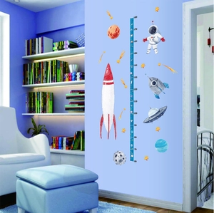 Space rocket height chart wall sticker for kids measuring 60 to 180cm in modern bedroom