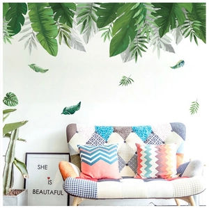 Stickers Muraux Feuilles Vertes Tropicales PVC Amovible Nordique Feuille de Palmier Bananier Décoration Murale pour Salon Chambre