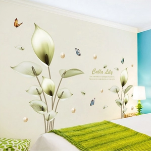 Elegant calla lily wall sticker with butterfly and pearl accents for home decoration