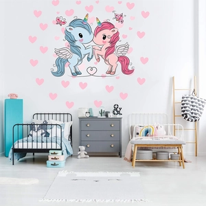 Cartoon unicorn wall stickers with pink hearts and colorful butterflies for kids room