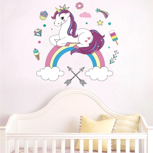 Cartoon rainbow unicorn wall sticker with stars for kids' room and nursery decor